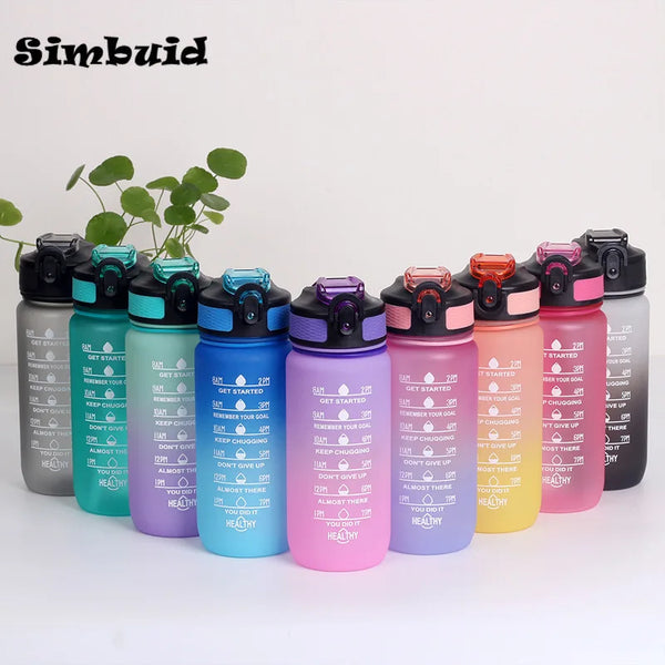 Water Bottle Gradient Color Motivational Bottle with Time Marker Leak-proof Cup Gym Outdoor Drinkware