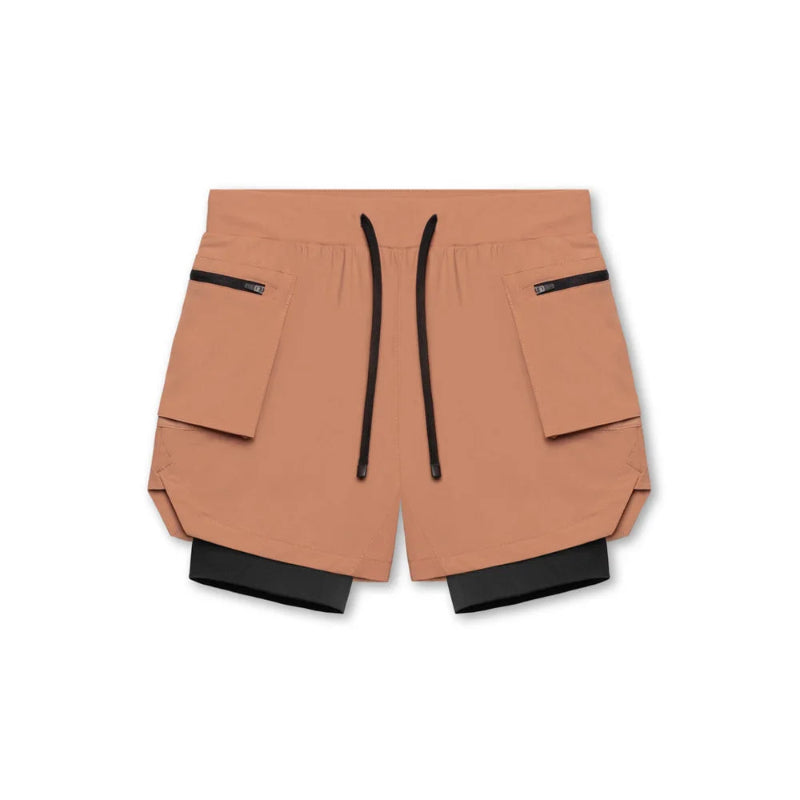 Men Running Shorts Double-Layer Fake Two Cargo Pockets Outdoor Leisure Fitness Marathon