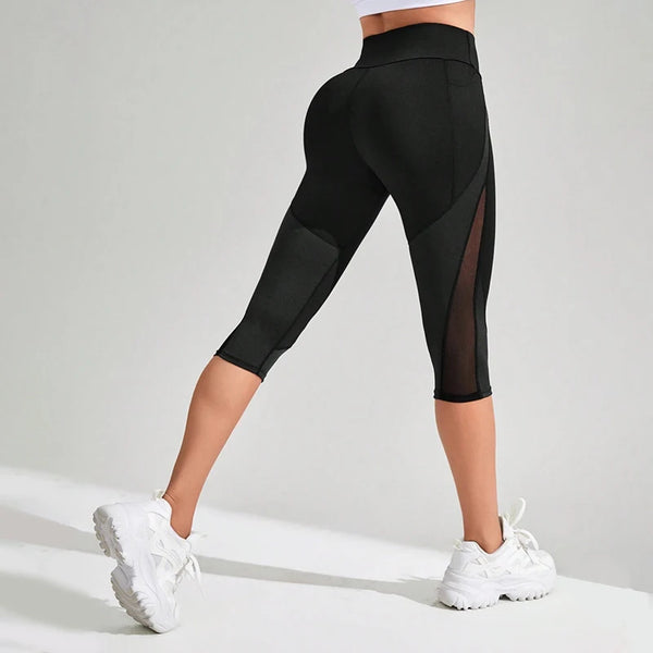 Mesh High Waist Yoga Pants Capri Leggings with Pockets for Women Tummy Control Workout Capri Leggings for Women