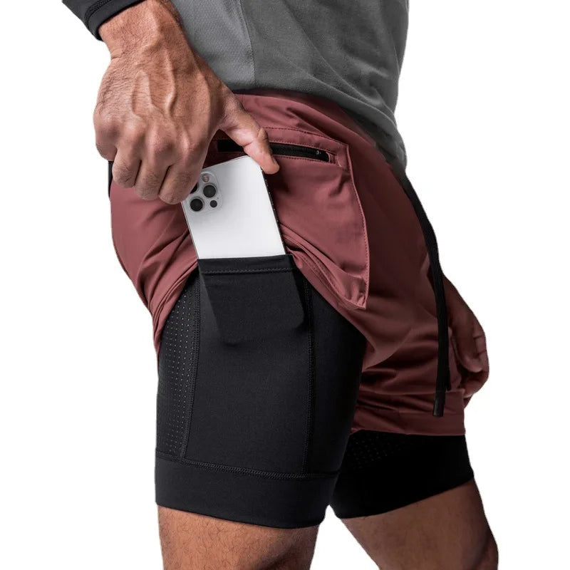 Men Running Shorts Double-Layer Fake Two Cargo Pockets Outdoor Leisure Fitness Marathon