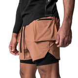 Men Running Shorts Double-Layer Fake Two Cargo Pockets Outdoor Leisure Fitness Marathon